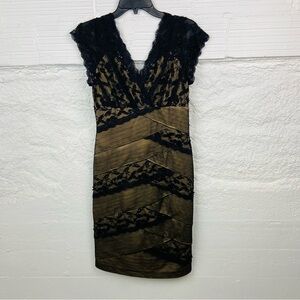 MARINA black & nude sexy lace beaded fitted V neck dress size 8